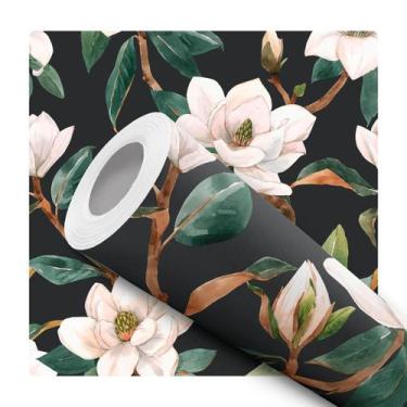 Imagem de Papel De Parede Adesivo Lavável Ramos Com Flores Magnólia Fundo Preto 