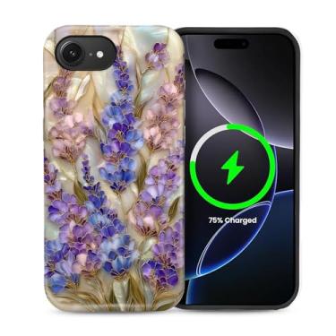 Imagem de heindiy Capa para iPhone 16e, compatível com MagSafe, capa brilhante, proteção total, à prova de choque, anti-arranhões, capa de TPU, capas para homem mulher - lavanda flor flor vitral