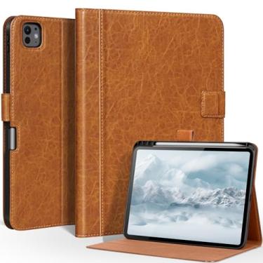 Imagem de CPNVWA Capa de couro genuíno para iPad Pro de 11 polegadas (M4) 2024, fólio de couro de flor integral com suporte para Apple Pencil, despertar/hibernar automaticamente, suporte ajustável, fecho