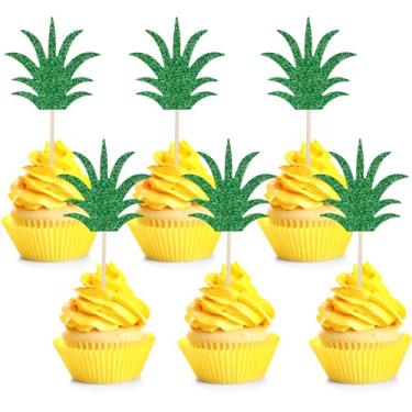 Imagem de 48 Pcs Glitter Pineapple Cupcake Toppers, Donut Cake Toppers Picks for Summer Tropical Hawaiian Party Pineapple Theme Baby Shower Birthday Cake Decorations Supplies