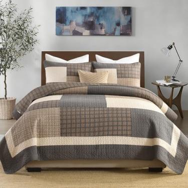 Imagem de FineStichery Conjunto de colcha king 100% algodão, colcha king size com fronhas, xadrez de patchwork de fazenda, conjunto de cama com edredom leve e macio, 3 peças, marrom/bege/cinza