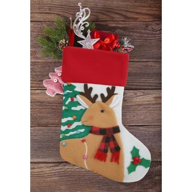 Imagem de Meia de Natal para crianças em família, lã de feltro fofa de rena, meia de Natal para Natal, casa, lareira, enfeites de pendurar, suprimentos de decoração de festa, meias de Natal para pendurar