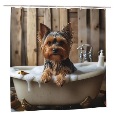 Imagem de WYLJY Cortina de chuveiro Yorkshire Terrier sentado na banheira, cortina de banheiro 182 x 182 cm para decoração de banheiro com ganchos