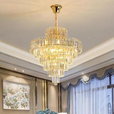 Imagem de Lustre de Cristal Clássico LED - Luminária de Cristal para Sala com Iluminação Aconchegante, Lustre Romântico para Quarto e Sala de Jantar (50cm-7 camadas de cristal)