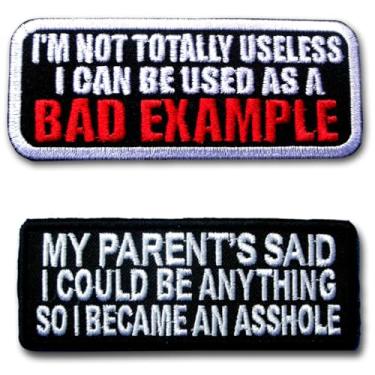 Imagem de Conjunto de 2 adesivos engraçados – I'm Not Totally Useless I Can Be Used as a Bad Example & My Parents Said I Could Be Anything – Emblemas bordados a ferro ou costurados para jaqueta, colete, mochila