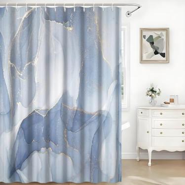 Imagem de TTQYFNM Cortina de chuveiro azul mármore azul claro cinza dourado mármore abstrato tinta moderna cortina de banho tecido poliéster impermeável conjunto de cortinas de chuveiro com ganchos para