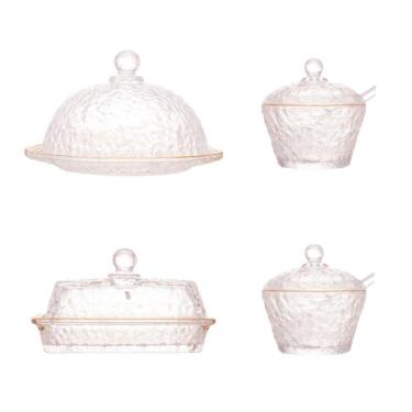 Imagem de Kit Queijeira + Manteigueira + Meleira + Açucareiro De Cristal Martelado Com Fio De Ouro Petra Lyor