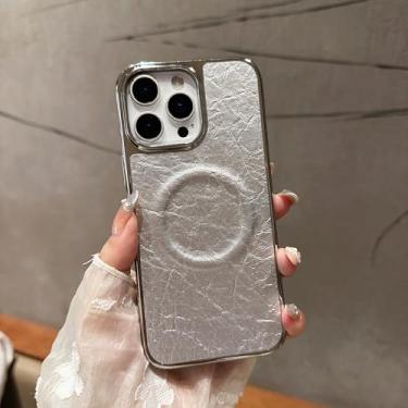 Imagem de HJZSZX Capa de celular luxuosa com revestimento de couro e carregador sem fio para iPhone 15 Pro (prateada)