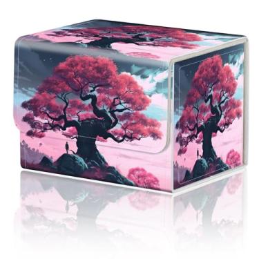 Imagem de DEGDFSGR Caixa de armazenamento de jogo de cartas para TCG MTG Commander caixa organizadora de cartas colecionáveis, fecho magnético, padrão criativo de até 200 cartas, uma grande árvore rosa