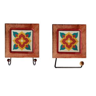 Imagem de Kit de Banheiro Artesanal com Ladrilho Hidráulico 1 Cabideiro Duplo + 