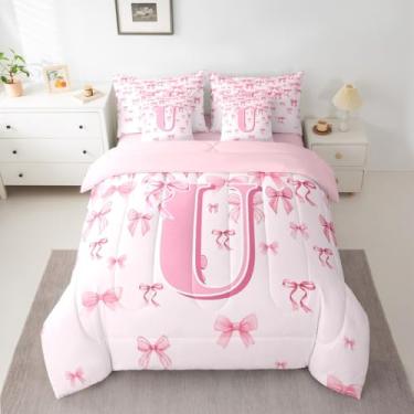 Imagem de jejeloiu Conjunto de edredom com laço rosa para meninas, 7 peças, lençol com laço fofo, para crianças, meninos, meninas, monograma, decoração de quarto, laços coquete, microfibra leve e macia