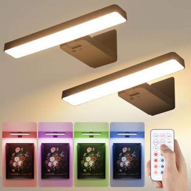 Imagem de Luzes de parede para parede, luz de arte preta sem fio operada por bateria para pinturas, arandela de parede recarregável para imagem com controle remoto, luzes de pôster RGB para moldura, galeria