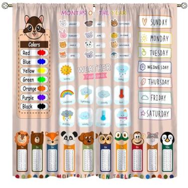 Imagem de Fblifil Cortina de alfabeto educacional engraçada infantil com desenho animado colorido multiplicação de clima com bolso para varão tratamentos de janela para decoração de quarto e sala de estar 106,7
