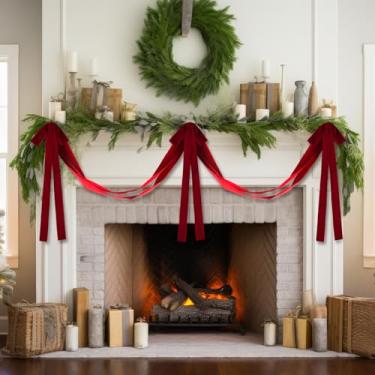 Imagem de Glitinsel Guirlanda de laço de veludo vermelho de Natal de 2,3 m, faixa pré-amarrada com 3 peças de arcos de 61 x 38 cm, decoração de Natal de veludo vintage reutilizável para lareira de árvore de