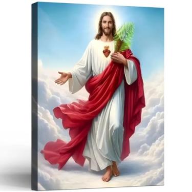 Imagem de Arte de parede em tela de Jesus Sacred Heart Impressão em tela emoldurada imagem de galeria de fé religiosa cristã imagem de arte inspiradora para sala de estar, quarto, sala de oração, igreja, escola
