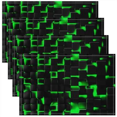 Imagem de Conjunto de 4 jogos americanos geométricos de luz verde, linhas de tiras geométricas, laváveis, 30 x 45 cm para decoração de mesa de jantar, tapetes de mesa modernos abstratos para decoração de
