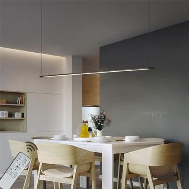 Imagem de Luminária pendente linear preta e branca para sala de jantar, luminária pendente moderna com LED, lustre com altura ajustável para quarto, escritório ou bar, 60 cm de comprimento, 12 W.