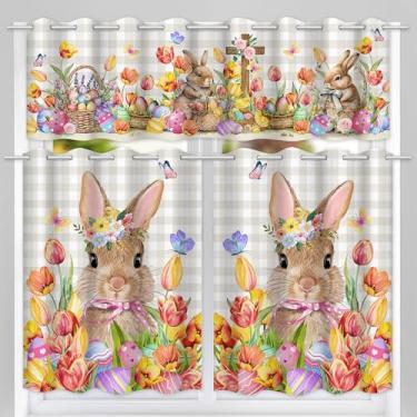 Imagem de Cortinas de cozinha de Páscoa, conjuntos de cortinas de ovos de Páscoa felizes para janelas, cortinas de janela de flores de coelho e tulipa sobre pia e sanefas, conjunto de 3, decorações xadrez de