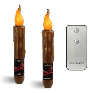 Imagem de NjaoHoo Decor Real Wax LED sem chama velas curtas afuniladas com controle remoto, castiçais marrons de 16,7 cm, sem gotejamento, operado por bateria, chama, rústico, primitivo, luzes sem chama