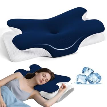 Imagem de Travesseiro Cervical Ortopédico com Memory Foam, Design Borboleta, Azul e Branco, Tecido de Seda de Gelo, Sistema de Ventilação, Alívio da Dor no Pescoço