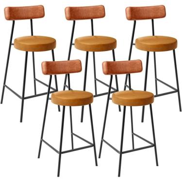 Imagem de Kit 05 Banquetas Baixa Cozinha Sala Jantar Bancada Milão L02 Couríssimo Camel Whisky - Lyam Decor
