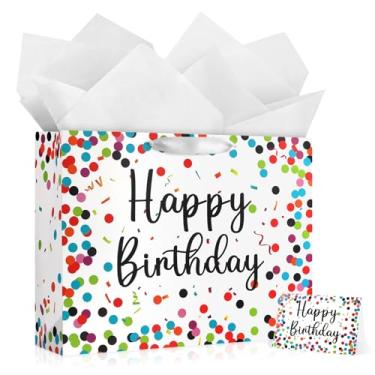 Imagem de YoungTree Saco grande de presente de feliz aniversário com papéis de seda e cartão comemorativo, sacos de presente de papel portátil com alças, sacos de presente de pontos coloridos para mulheres