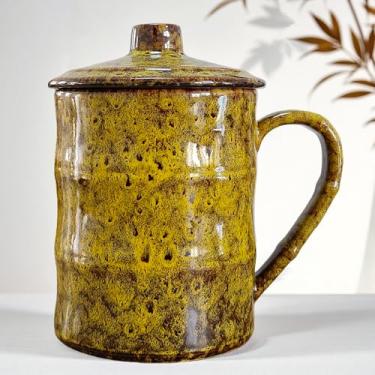 Imagem de XUANTGY Caneca de café grande de cerâmica de 737 g, xícara de chá extra grande com alça e tampa, caneca de água de escritório grande de bambu, canecas de café de esmalte jumbo, amarela