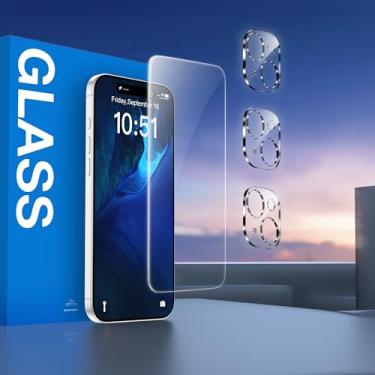 Imagem de [Pacote com 1 + 3] 1 pacote com protetor de tela + 3 protetores de lente de câmera para iPhone 15, cobertura total, dureza 9H, vidro temperado, transparente HD, resistente a arranhões, compatível com