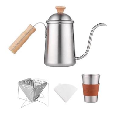 Imagem de WeiLaiKeQi Cafeteira de aço inoxidável com bico longo e pescoço de ganso, chaleira com bico longo e papéis de filtro, conjunto de cafeteira para acampamento e