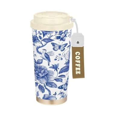 Imagem de SEHANY Caneca de viagem de pássaro de flor branca azul 482 g Copos de café reutilizáveis revestidos de cerâmica com tampa à prova de vazamento, parede dupla, isolamento a vácuo, copo de café de aço