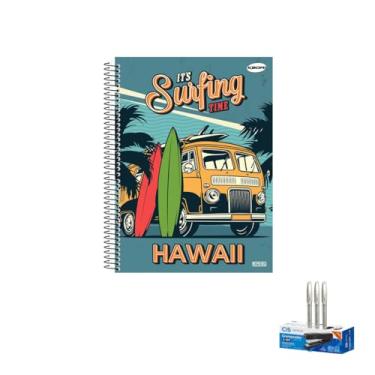 Imagem de Kit Caderno Masculino Capa Dura 96 Folhas KBOM + Caneta Trigel Branca 0.8mm + Grampeador Metallic C-15