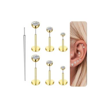 Imagem de Gotumo 20 G Brincos de titânio com costas planas piercing de nariz sem fio Tragus Labret cartilagem lábio medusa concha piercing corporal joias hipoalergênicas para mulheres homens ouro (W)