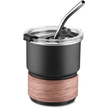 Imagem de Copo de Café em Inox 250ml com Tampa Hermética e Canudo – Aço Inox 304, Pegador em Fibra Natural e Acabamento Fosco Preto
