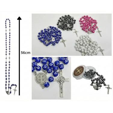 Imagem de Terço São Bento Miçanga Colorida Crucifixo Tradicional Acompanha Case de Proteção Rosário Católico para Proteção e Devoção (Azul)