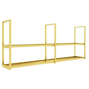Imagem de Prateleiras de teto, ferro, prateleira industrial de 2 camadas, prateleira decorativa de teto doméstico, prateleira de exibição de decoração de restaurantes, bares, cozinhas, dourada
