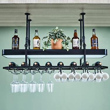 Imagem de APUM Barra de metal suspensa para copos de vinho com luz de teto, suporte de taça de vinho de cabeça para baixo, prateleira flutuante de garrafa para cozinha doméstica