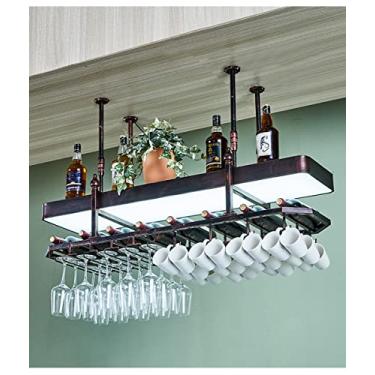 Imagem de Barra de metal suspensa para copos de vinho com luz de teto, suporte de taça de vinho de cabeça para baixo, prateleira flutuante de garrafa para cozinha doméstica