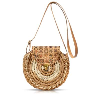 Imagem de Bolsa de praia, bolsas transversais para mulheres, bolsa redonda de palha macia tecida à mão, bolsa de ombro boêmia adequada para viagens de férias diárias (Cáqui), Caqui, One Size