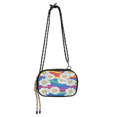 Imagem de STAYTOP Margarida branca listras coloridas pequena bolsa transversal carteira para celular para mulheres e homens, mini bolsa de viagem - margarida branca listras coloridas