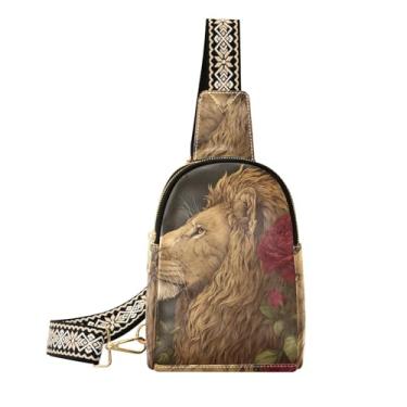 Imagem de CEBUGI Bolsa tiracolo feminina Lion Rose pequena de couro, pochete transversal para trilhas, viagens ao ar livre