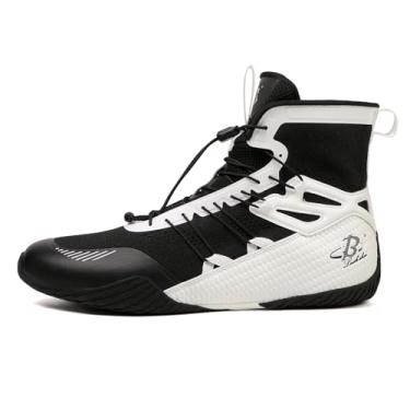 Imagem de B LUCK SHOE Tênis de boxe masculino, leve, de cano alto, com cordão – Calçado de ginástica de suporte para lutadores LS508, Preto/branco, 37