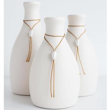 Imagem de Kit Trio 3 Vasos Decorativos Cerâmica Enfeite Decoração Elegante Casa Rack Conjunto Decorado Loja Estante Sala Cozinha(BRANCO C/COLAR)
