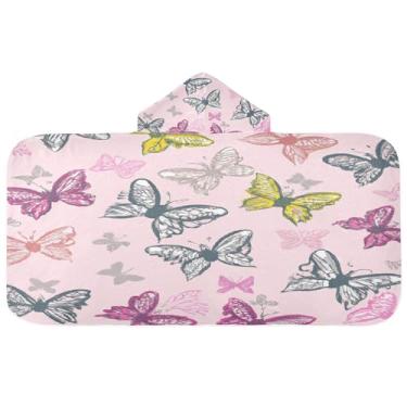 Imagem de Burbuja Toalha de banho com capuz de borboletas coloridas para crianças, toalha de praia de pelúcia macia absorvente para meninas e meninos 3-10 anos, 61 x 127 cm