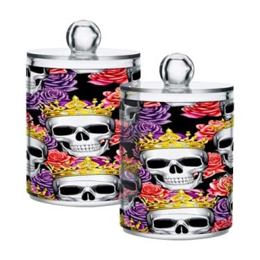 Imagem de STAYTOP 4 frascos de boticário Qtip para banheiro com etiquetas – Recipiente de armazenamento Qtip de plástico transparente para bola de algodão, cotonete, grãos de café e caveiras adornadas com
