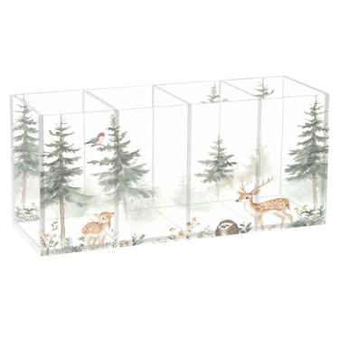 Imagem de Burbuja Porta-canetas de acrílico Forest Trees com 4 compartimentos, suporte de lápis transparente para pincéis de maquiagem fixos, acessórios de mesa de escritório em casa