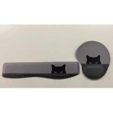 Imagem de Kit Home Office - Mouse Pad e Apoio Teclado Ergonômico Gatinho Preto (Cinza) 1