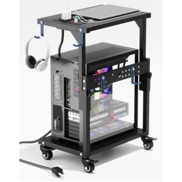 Imagem de ZUAVIALA Suporte de PC com tomada elétrica, 6 níveis de altura ajustável, suporte de torre de computador para piso, suporte de CPU móvel para jogos, escritório, casa, 54 a 72 cm, preto