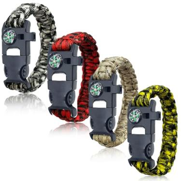 Imagem de Pacote com 4 pulseiras de sobrevivência | Conjunto de pulseiras 5 em 1 com acionador de fogo, bússola e apito | Equipamento de emergência ao ar livre para acampamento, caminhada