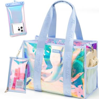 Imagem de Bolsa de praia feminina transparente iridescente com zíper para piscina e praia com bolsa de maquiagem e bolsa de telefone à prova d'água essencial de verão, Oásis, One Size