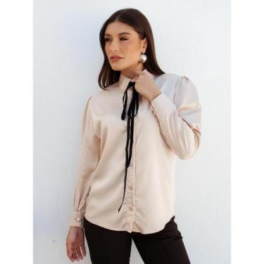Imagem de Camisa Feminina Cetim com Laço Veludo Manga Longa - Teodoro Camisaria,